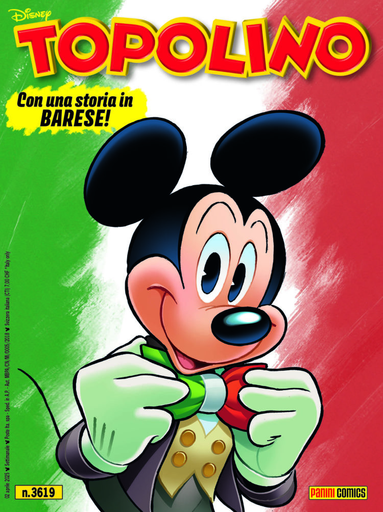 La copertina dell’edizione barese di Topolino n.3619, con un’immagine patriottica firmata da Andrea Freccero: