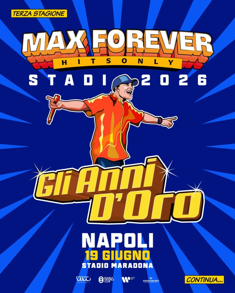 Max Pezzali stile cartoon, microfono alla mano e sorriso da palco: il viaggio negli Anni d’Oro fa tappa per la prima volta allo Stadio Maradona di Napoli